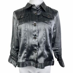 Ruby Rd. Metallic Button Down Shirt Women's 12 Gray Shiny 3/4 Sleeve Button Cuff